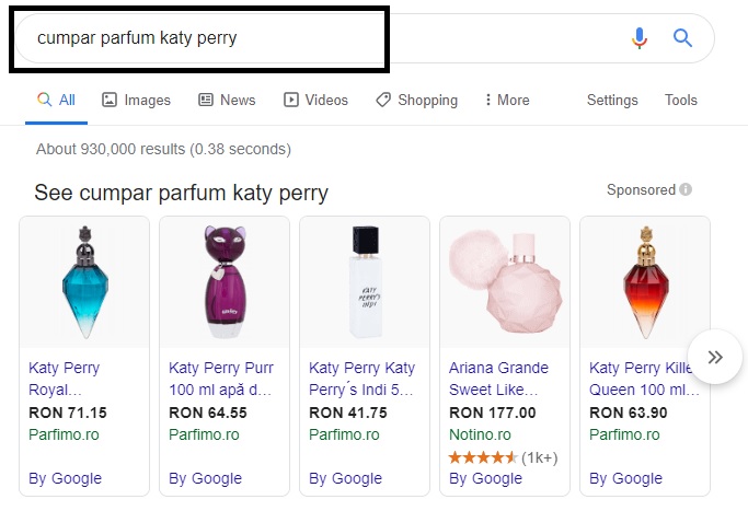 Screenshot cu rezultatele vizuale ale cautarii "cumpar parfum katy perry". Aceasta cautare are scopul de a arata ca uneori intentia cautarii reiese chiar din cautare